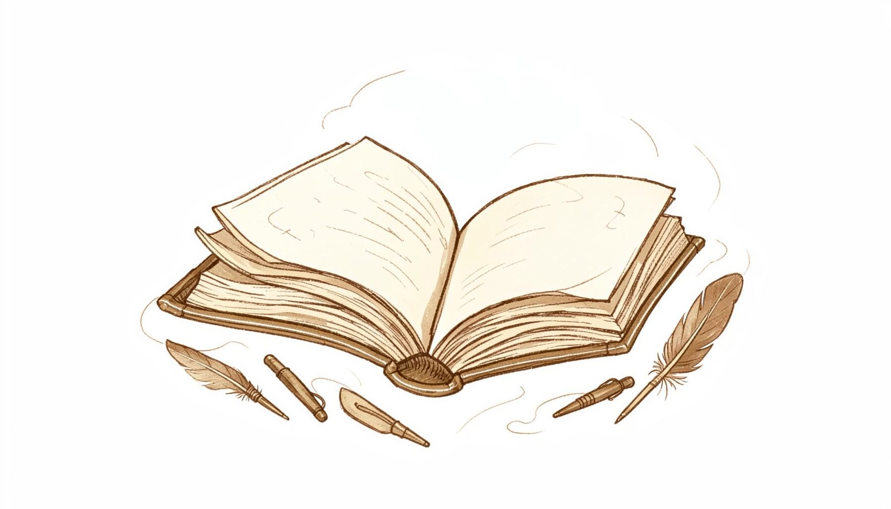 A hand-drawn ink illustration of an open book with pages gently curling, surrounded by scattered quill pens and soft swirling ink lines