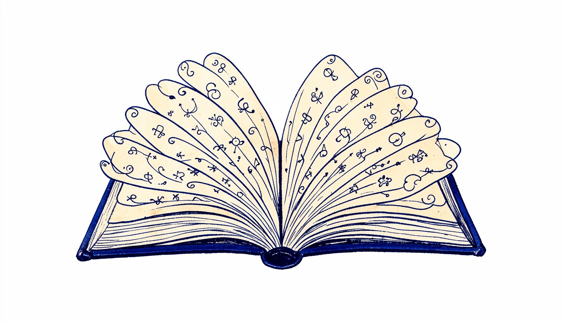 A hand-drawn ink illustration of an open book with pages fanning outward into delicate swirling lines, each swirl suggesting a quote
